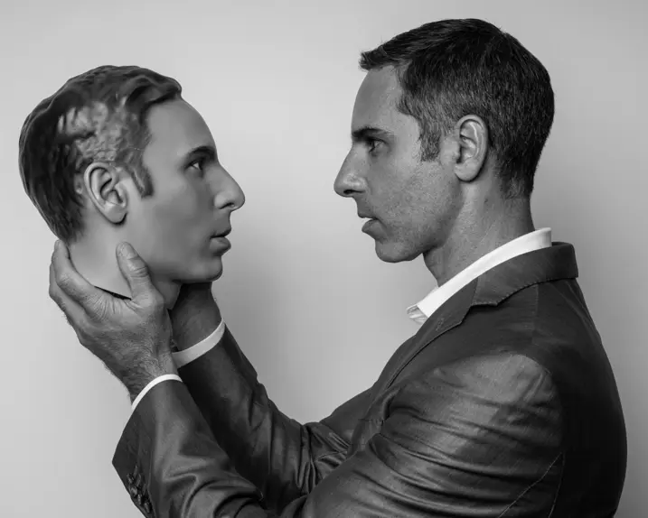 A man holds an artificial head in his hands and looks directly into its eyes.