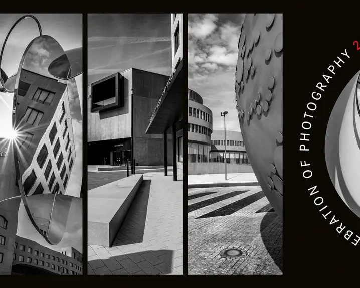 Four-part black and white image of a building, mirror image of a building and part of a stone globe.