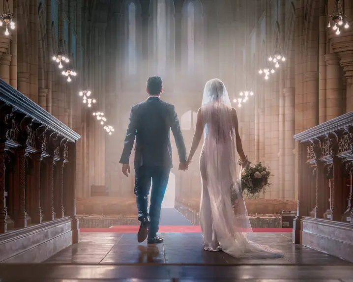 A bride and groom walk hand in hand down the aisle of an impressive church.