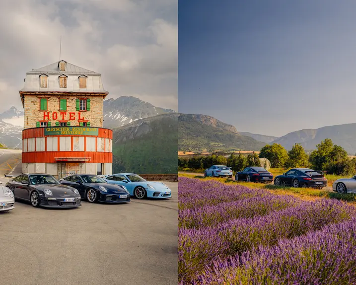 Split screen of four Porsches in front of a hotel and a field of flowers in a mountainous landscape.