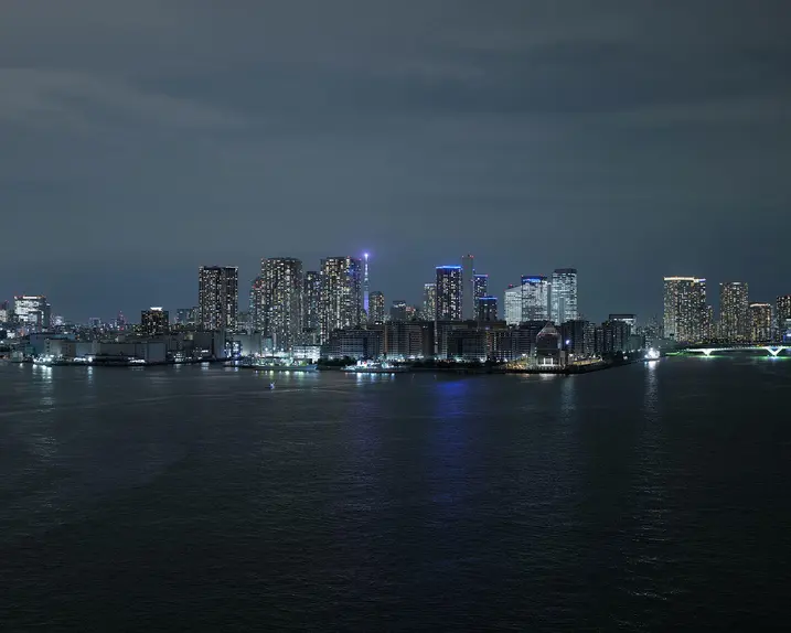 Illuminated skyline of Tokyo at night, with a view of the water in the foreground.