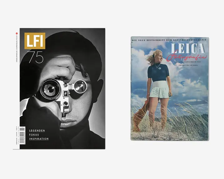 Two LFI magazine covers from different years: on the left a man with a camera from 2024, on the right a woman on the beach from 1949.