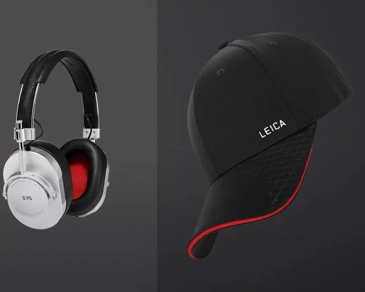Four-part image showing headphones, a Leica cap, a camera strap and part of a pair of sunglasses.
