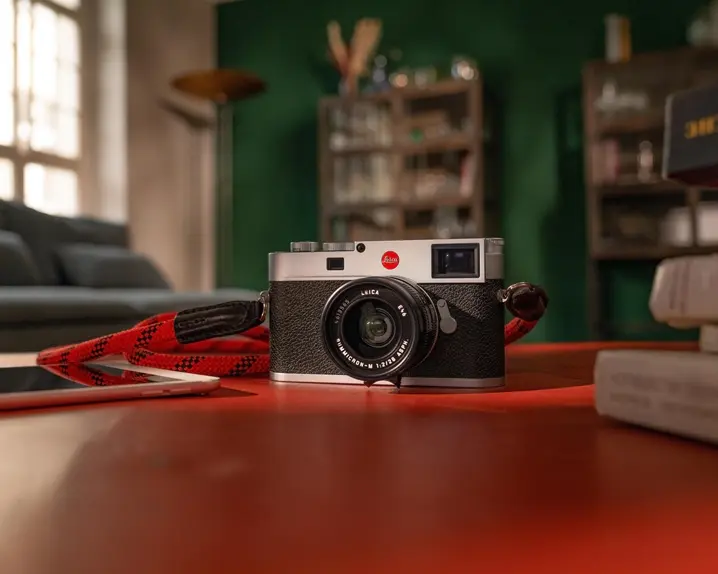Leica camera with red strap on a table, blurred background with sofa and bookshelves.