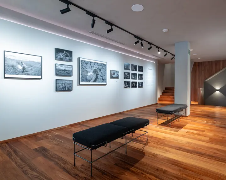 Gallery with black and white photographs of farming, wooden floor, benches and a wooden staircase in the background.