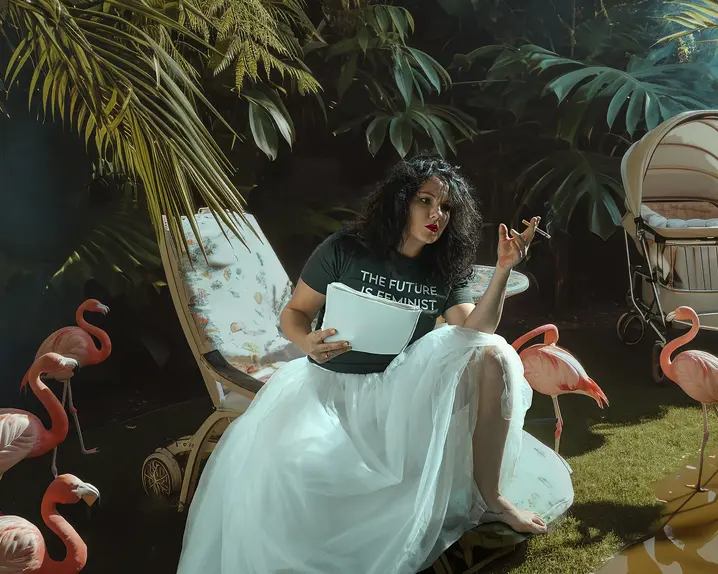 Woman with white tulle skirt and cigarette in her hand on a lounger with flamingos standing around her
