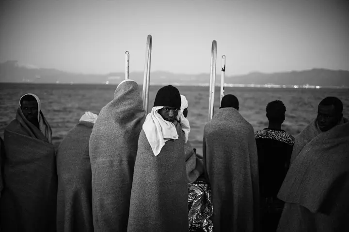 Migrants in a rescue boat on the Mediterranean