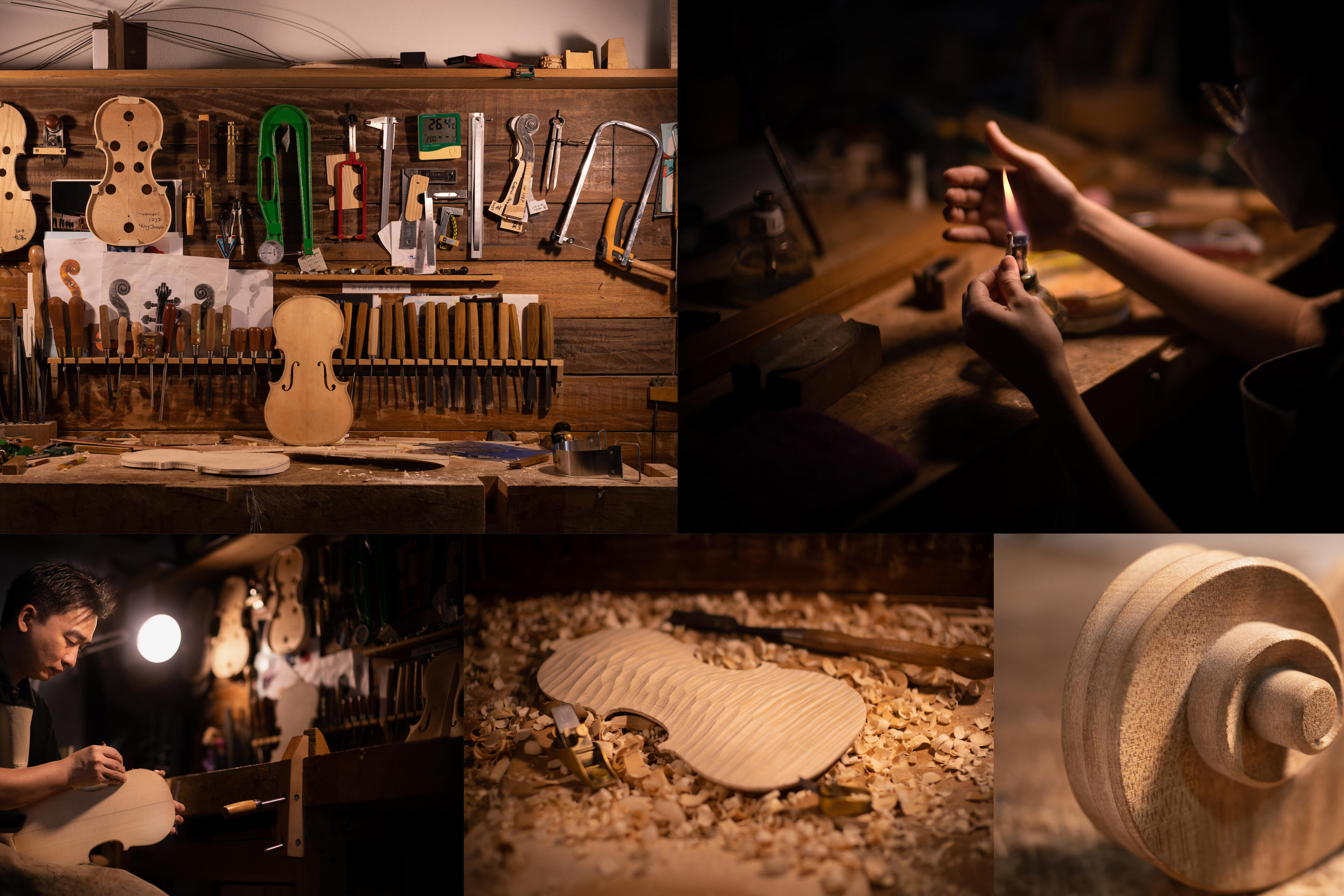 picture collage of violin manufactory