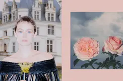 Two-part picture with a portrait of a woman in front of a castle and two roses.