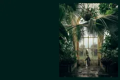 A woman in a tropical house opens a large glass door.