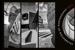 Four-part black and white image of a building, mirror image of a building and part of a stone globe.