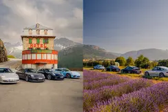 Split screen of four Porsches in front of a hotel and a field of flowers in a mountainous landscape.