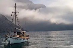 A sailing ship on the sea in front of an island