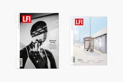 Two LFI magazine covers: on the left a shop window display of a woman in which a city is reflected, on the right a bus stop.