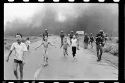children running from napalm attack b&w 