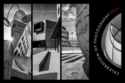 Celebration of Photography Key Visual featuring black-and-white architectural images of the Leica Welt
