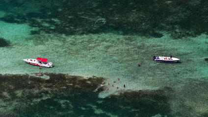 View from above of two boats and people in the water.