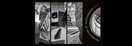 Four-part black and white image of a building, mirror image of a building and part of a stone globe.