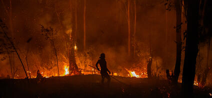 A firefighter stands in front of a fire in a dense forest at night.