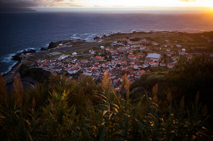 A small coastal village surrounded by green vegetation at sunset.