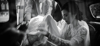 A bride sitting in a car holding her veil and a man standing next to the open car door.