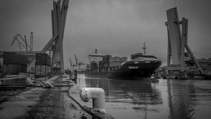 Container ship in the harbour, surrounded by cranes and containers