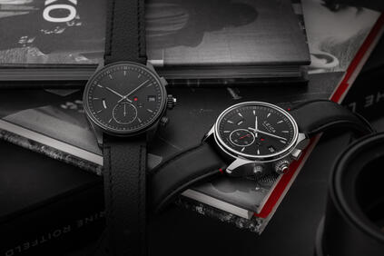 Two Leica Monochrom watches on a pile of books.