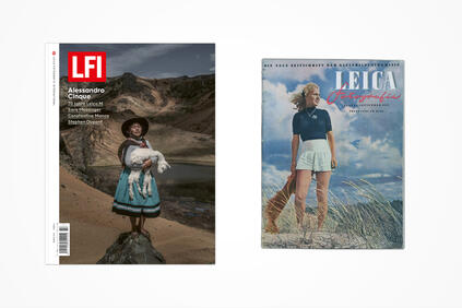 Two LFI magazine covers: on the left, an indigenous woman holding a baby alpaca in front of a lake and mountains from 2024; on the right, a woman on the beach from 1949.