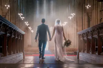A bride and groom walk hand in hand down the aisle of an impressive church.