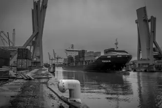 Container ship in the harbour, surrounded by cranes and containers