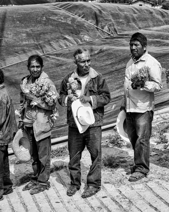 A group of men in traditional dress holding bouquets of flowers stand side by side