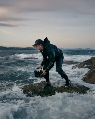 A person is standing on a rock in a stormy sea, holding a pair of binoculars.