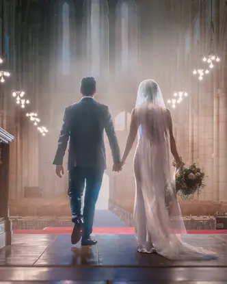 A bride and groom walk hand in hand down the aisle of an impressive church.