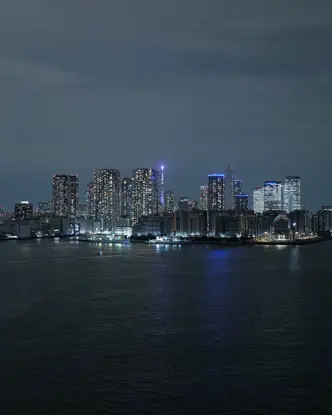 Illuminated skyline of Tokyo at night, with a view of the water in the foreground.