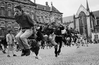 children playing on the street b&w