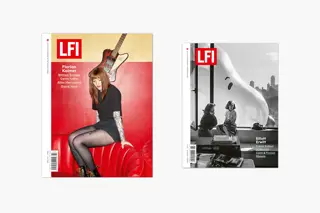 Two LFI magazine covers: left with a woman on a red sofa, right with two children in front of a window with a huge balloon flying by.