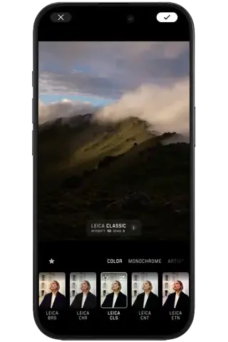 Mockups of the Leica FOTOS App applying Leica Looks