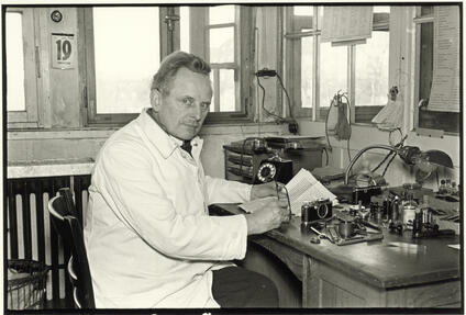 Oskar Barnack at his desk at the Leitz Company, 1933