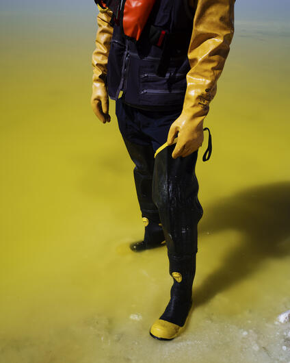 A person walking through yellow water in the mountains where minerals are minded.