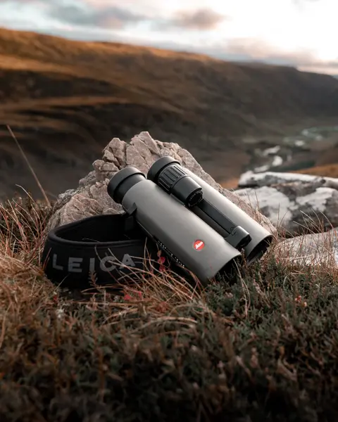 The Leica Noctivid leans against a medium-sized stone, while a picturesque, almost stormy landscape stretches out in the background.