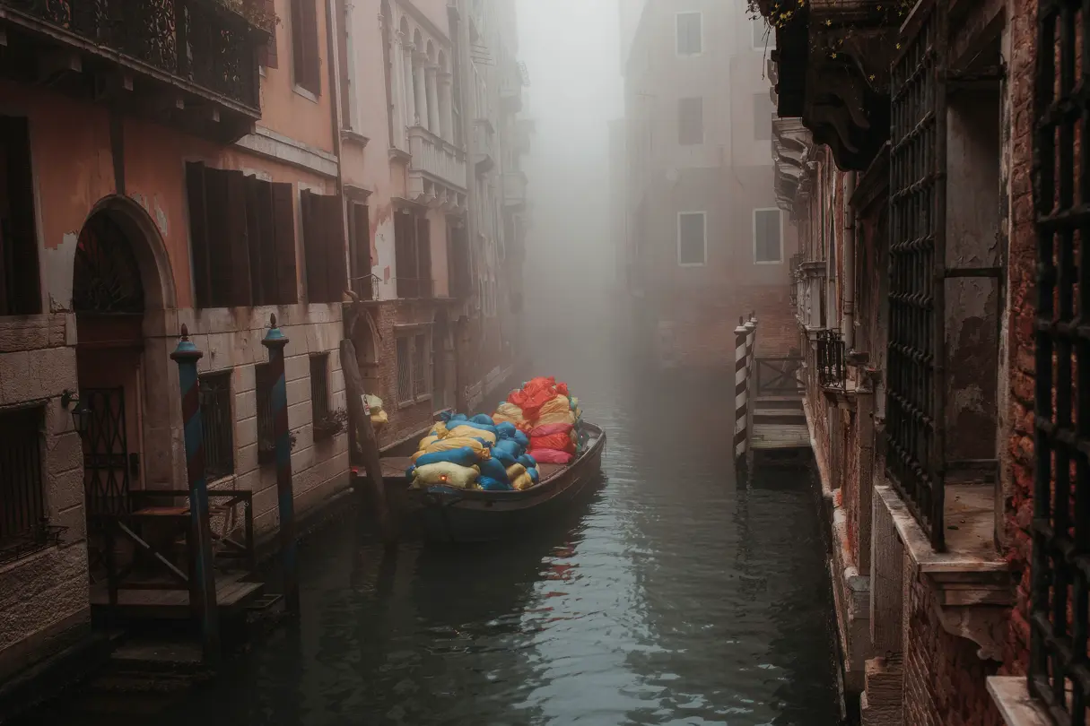 A boat in a canal between buildings